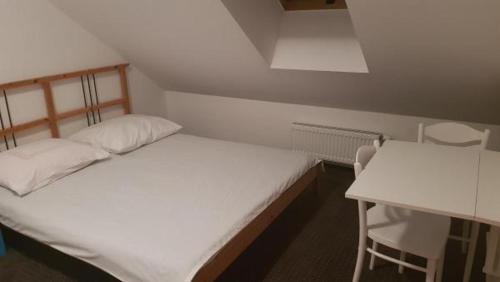 a small room with a bed and a desk at Dylewianka in Wysoka Wieś