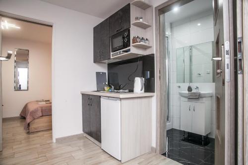 a small kitchen with a sink and a microwave at City Center Apartments - Apartamenty nad rzeką Nettą - Kilińskiego 22 in Augustów