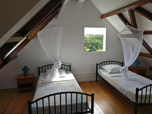 two beds in a attic room with a window at Location Bellevue in Saint-Louis