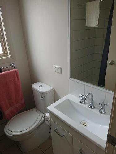 a bathroom with a toilet and a sink and a mirror at Caracourt caravan park in Singleton