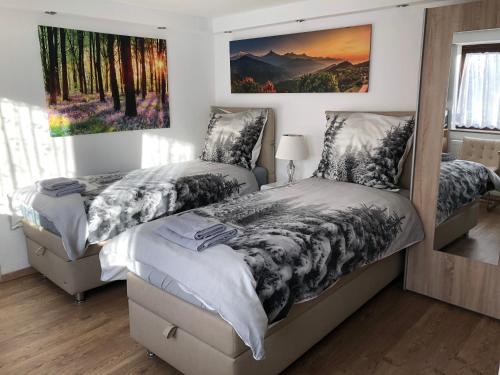 two beds in a bedroom with two posters on the wall at Ferienwohnung Apartment Dettum mit eigenem Bad, Kochnische und Wintergarten in Dettum