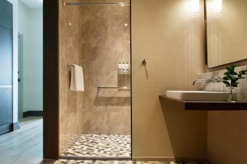 a bathroom with a shower and a sink at Kimpton Hotel Arras by IHG in Asheville