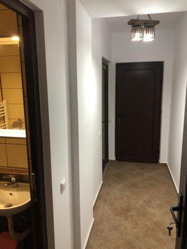 a hallway with a black door and a sink at Casa Albert Sinaia in Sinaia