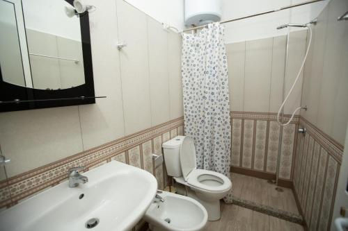 y baño con lavabo, aseo y espejo. en Velipoja Apartments, en Velipojë