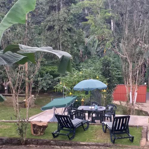 a group of chairs and tables with umbrellas at GUEST HOUSE QUINTA NATURAL Bangalots in Graça