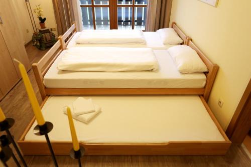 two twin beds in a room with a broom at Appartement Hauzenberg-Panorama in Hauzenberg