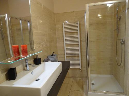a bathroom with a sink and a shower at Suite Alcova in Mantova