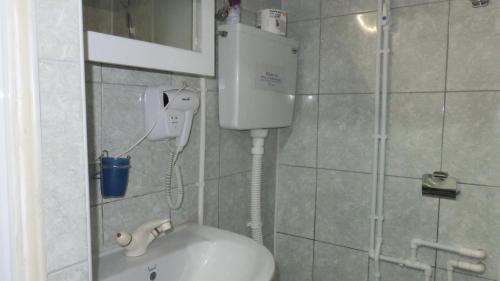 a bathroom with a toilet with a hair dryer on the wall at Guest House Pavlovic in Soko Banja