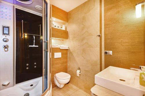 a bathroom with a shower and a toilet and a sink at BlueApart with Terrace in Kraków