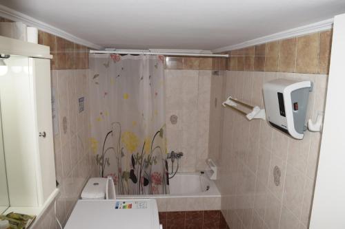 a bathroom with a shower and a bath tub at Korona Apartments in Vathi, Ithaka