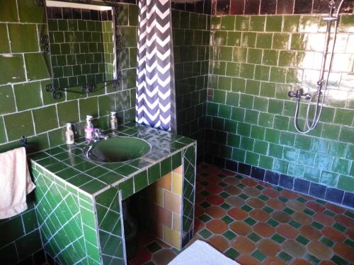 uma casa de banho com azulejos verdes, um lavatório e um chuveiro em Kasbah Petit Nomade em Tinghir
