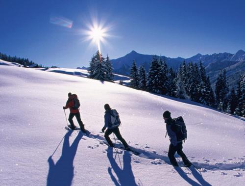 a group of three people skiing down a snow covered slope at Naturhotel Hüttenwirt im Grossarltal in Hüttschlag
