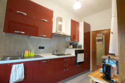 - une cuisine avec des placards rouges et un évier dans l'établissement Al Maset di TSS' - Green Apartament - Zona Living Spaziosa - Perfetto per Famiglie Numerose a Pergine Valsugana, à Pergine Valsugana