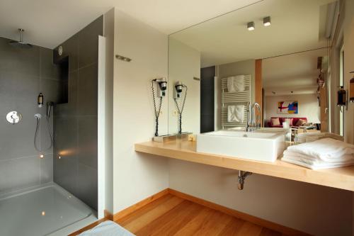 La salle de bains est pourvue d'un lavabo, d'une douche et d'un miroir. dans l'établissement Hotel des Bains & Wellness Spa Nuxe, à Robertville