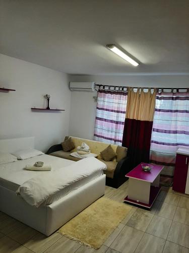 a living room with a bed and a couch at Studio Apartment in Chiajna