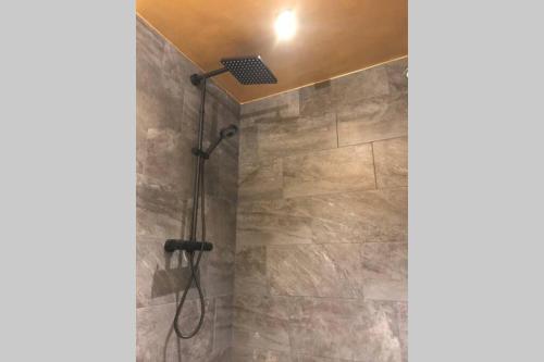 a shower with a shower head in a bathroom at Bergchalet Hinterstoder in Hinterstoder