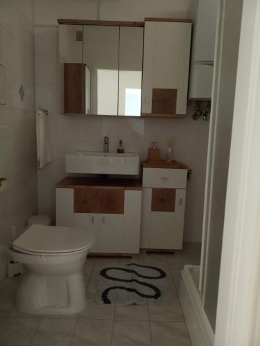 a bathroom with a white toilet and a sink at Our Haven in 1220 in Vienna