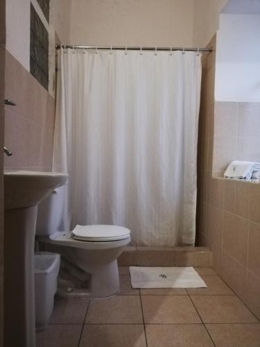 a bathroom with a toilet and a white shower curtain at Hotel De Gante in San Luis Potosí