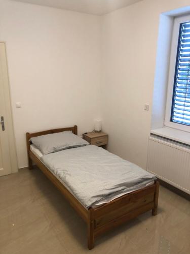 a bedroom with a bed and a window at U babky in Piešťany