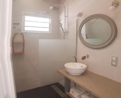 a bathroom with a sink and a shower with a mirror at Chez Lauvineth in Sainte-Rose