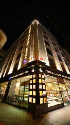 a person standing in front of a building at night at My Dream Istanbul Hotel in Istanbul