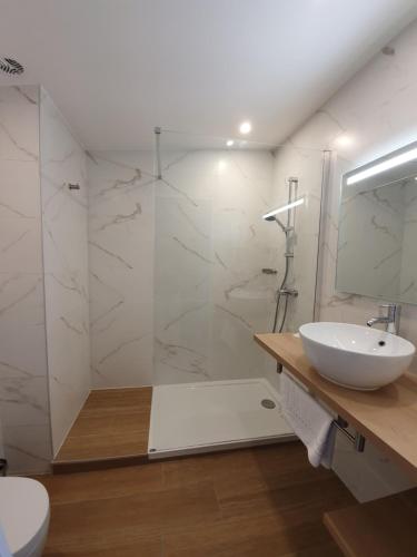 a white bathroom with a shower and a sink at Logis Clermotel - Hôtel & Restaurant in Agnetz
