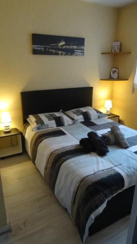 a large bed in a bedroom with two lights on at Appart T2 standing tout confort au calme - parking en option in Lyon