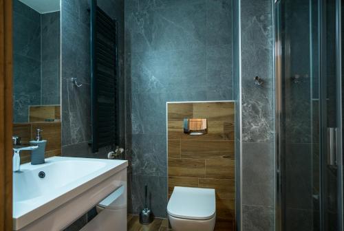 a bathroom with a toilet and a sink and a shower at Pokoje u Nasyj Kasi in Poronin