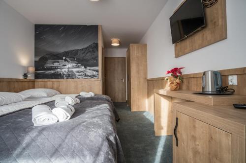 a hotel room with two beds and a flat screen tv at Pokoje u Nasyj Kasi in Poronin