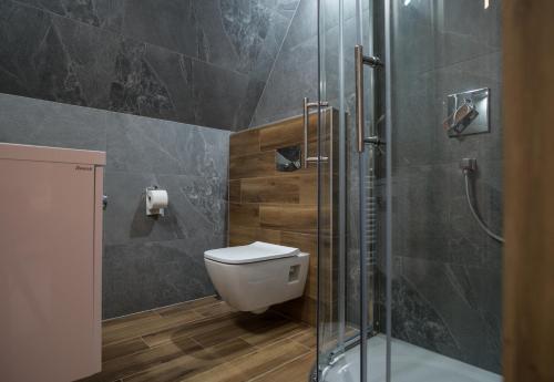 a bathroom with a toilet and a glass shower at Pokoje u Nasyj Kasi in Poronin