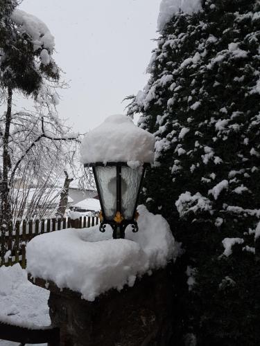 a street light covered in snow next to a tree at Boutique Hotel Angerer in Murnau am Staffelsee