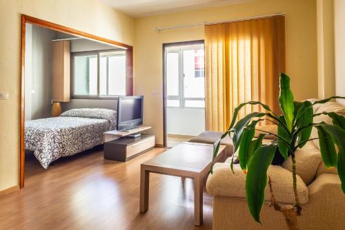 a living room with a couch and a tv and a mirror at Central Las Canteras Beach in Las Palmas de Gran Canaria