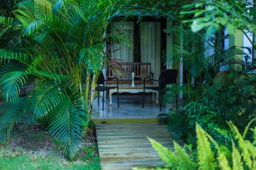 a porch with a bench and a table and trees at Recanto da Mata Pipa in Pipa