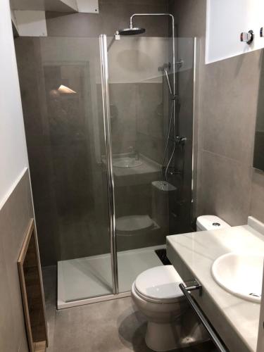 een badkamer met een douche, een toilet en een wastafel bij Apartamentos Reyes Catolicos 14 in Sevilla