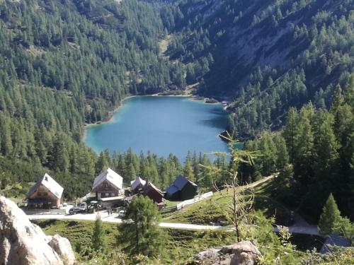 a view of a lake in the mountains at Schusterbauernhof in Bad Mitterndorf