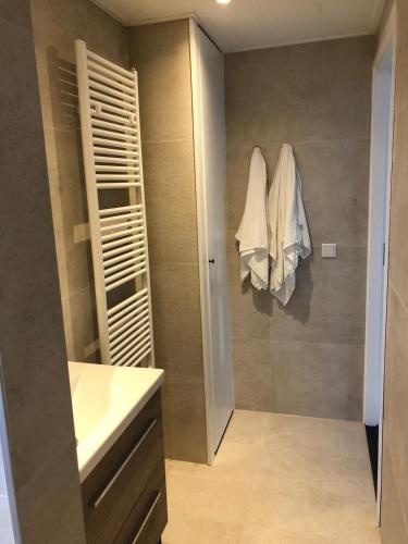 a bathroom with a sink and a closet at Huisje56 in Zoutelande