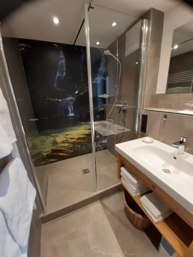 a bathroom with a shower and a sink at Gästehaus Rappenkopf in Oberstdorf