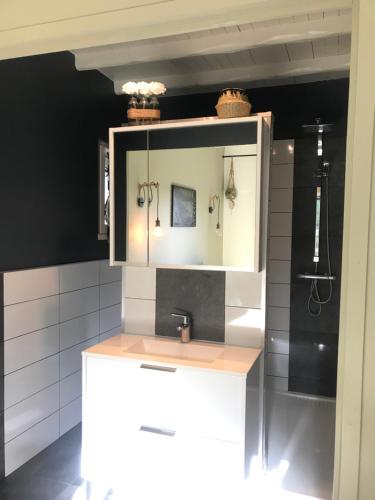 een keuken met een wastafel en een spiegel bij Chambre d'hôte à La maison du petit bois 4 étoiles in Ventenac-Cabardès