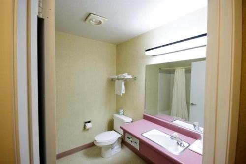 a bathroom with a sink and a toilet and a mirror at Americas Best Value Inn Dunnigan in Dunnigan