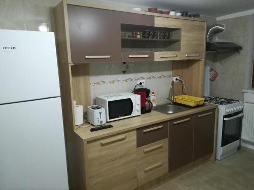 a small kitchen with a microwave and a refrigerator at De la mare la munte in Vatra Dornei