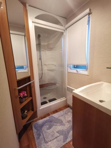 une salle de bain avec une douche, une baignoire et un lavabo dans l'établissement Pyla Chalet et mobilhom 6 personnes Magda, à La Teste-de-Buch