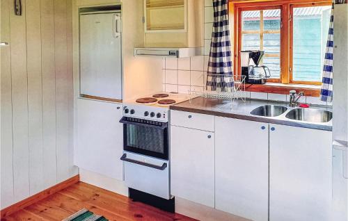 eine Küche mit weißen Schränken, einer Spüle und einem Backofen in der Unterkunft Awesome Home In Sysslebck With Kitchen in Sysslebäck