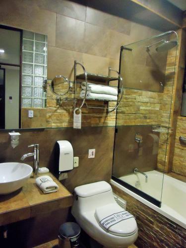 a bathroom with a toilet and a sink and a tub at Hotel San Francisco Plaza in Cusco