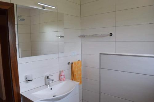 a bathroom with a sink and a shower with a mirror at Villa My Island in Bihać