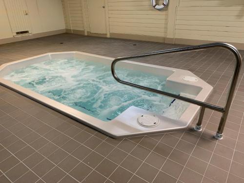 a jacuzzi tub with a rail in a bathroom at Valemount Vacation Inn in Valemount