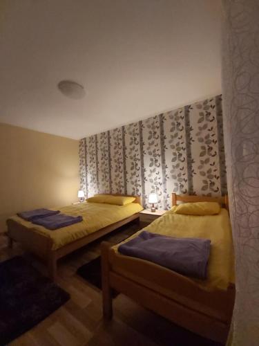 two beds in a room with a wall at Apartment Zabljak Center in Žabljak