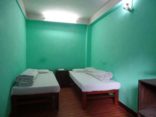 two twin beds in a room with green walls at Green House Lodge in Kathmandu