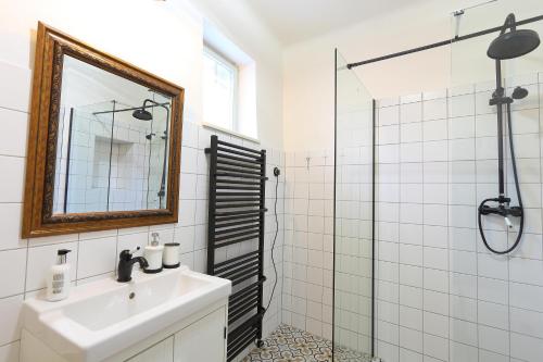 a bathroom with a sink and a mirror and a shower at Lucerna - dům s duší Příbor in Příbor