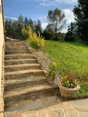 a set of stairs with flowers in a yard at Willa Beskidzka in Myślenice