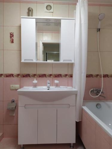 a bathroom with a sink and a mirror and a tub at Студия на Проскуровской 16 in Khmelʼnytsʼkyy